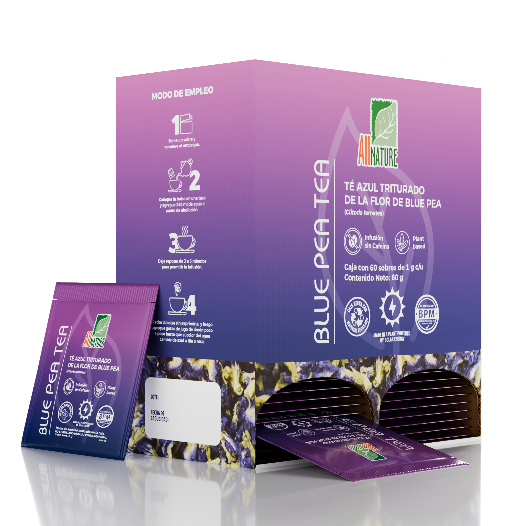 All Nature Blue Pea Tea Té Azul Triturado Caja con 60 sobres de 1 g c/u
