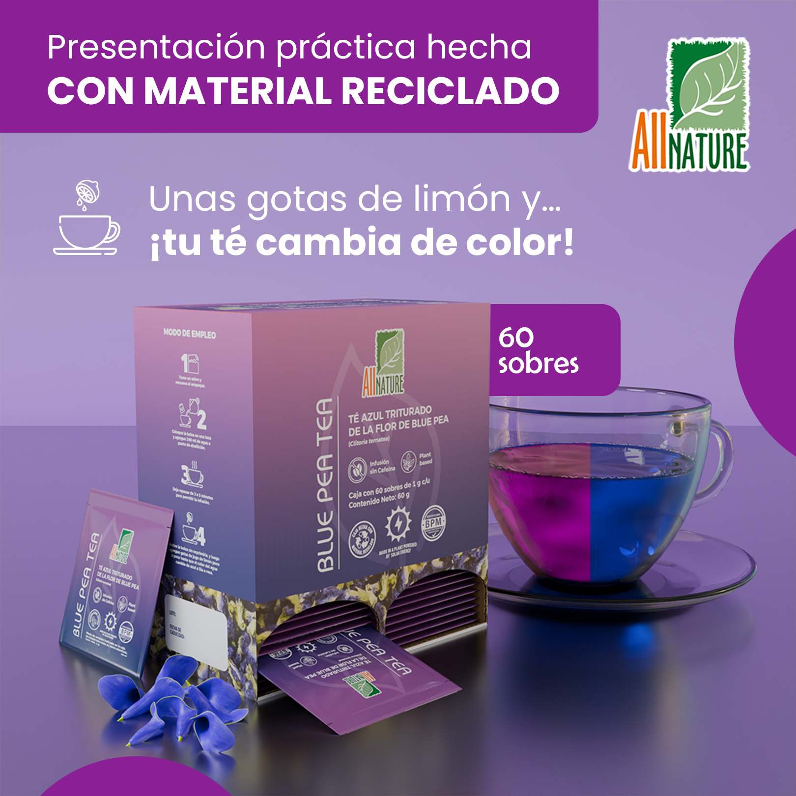 All Nature Blue Pea Tea Té Azul Triturado Caja con 60 sobres de 1 g c/u
