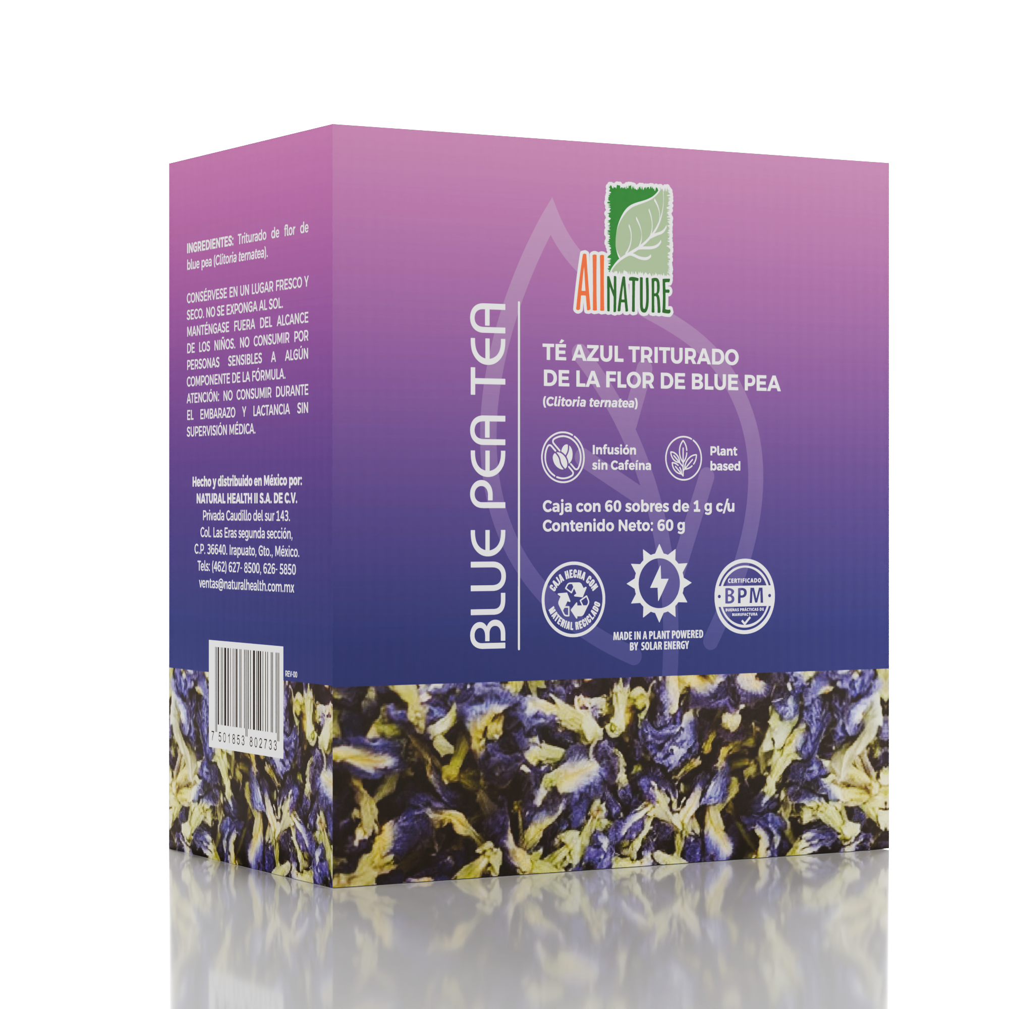 All Nature Blue Pea Tea Té Azul Triturado Caja con 60 sobres de 1 g c/u