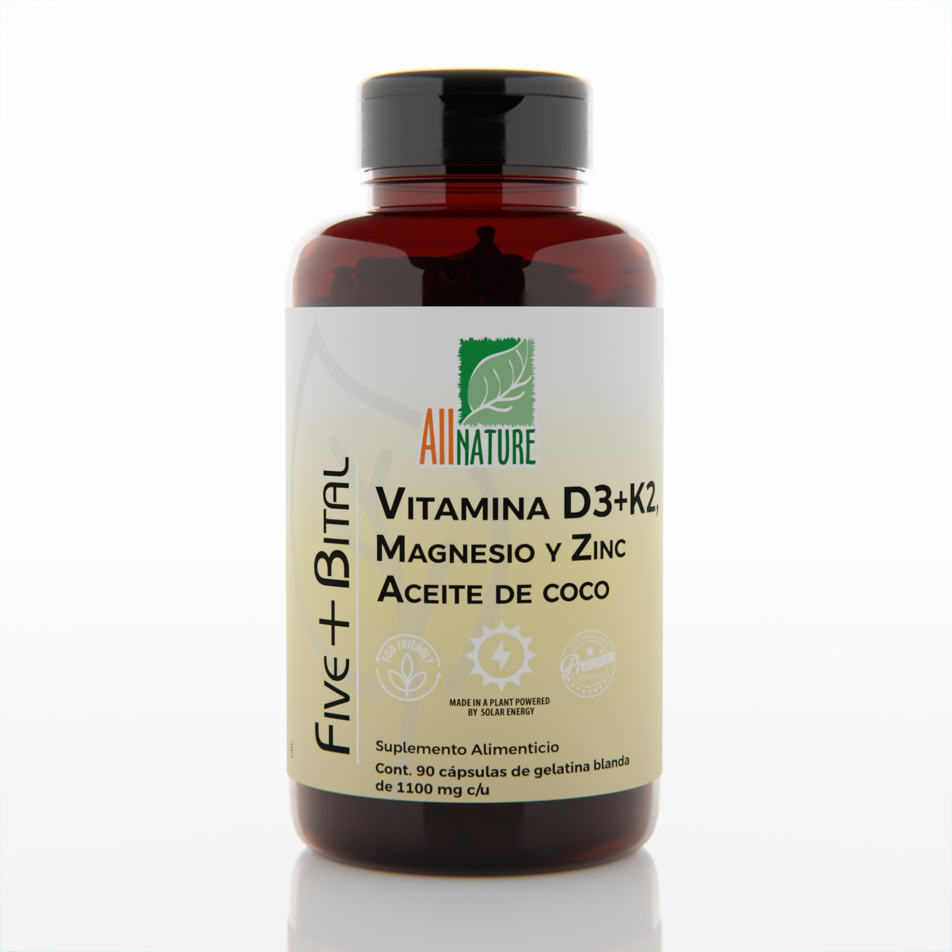 All Nature Five+Bital | Vitamina D3+K2 Magnesio, Zinc y Aceite de Coco | 90 cápsulas