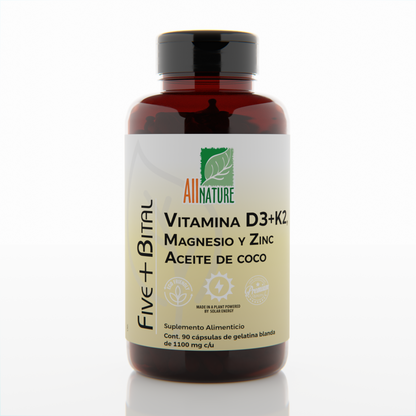 All Nature Five+Bital | Vitamina D3+K2 Magnesio, Zinc y Aceite de Coco | 90 cápsulas